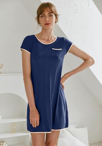 Image of Ekouaer Womens Nightgown Sleep Shirt Dress Satin Patchwork Short Sleeve Sleepwear with Pocket