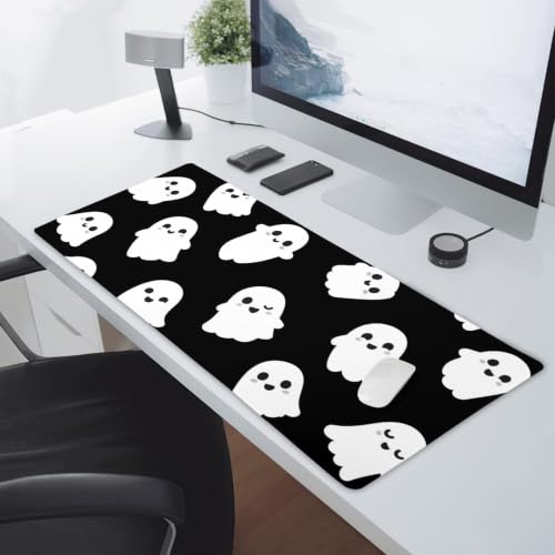Image of Halloween Cute Ghost Mouse Pad Kawaii Cartoon Spooky Funny Spirit Extended Desk Mat Non-Slip Rubber Base Stitched Edge Large XXL Black White Mousepad for Gaming Laptop Computer Desktop 35.4x15.7 in