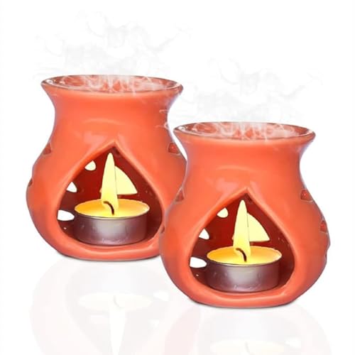 Image of Pure Source India Ceramic Clay Oil Burner Aroma Diffuser (Orange) Set of 2