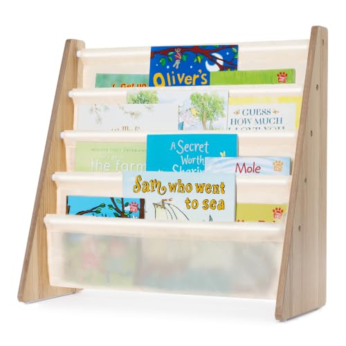 LIVIVO Colorful Kids Bookshelf - 4 Tier Childrens Bookcase Magazine and Book Storage Rack Wooden Sling Book Organizer Book Shelf for Kids Room Bedroom Nursery Playroom (Natural)