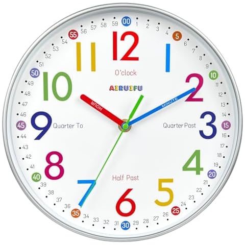 AIRUIFU Wall Clock for Kids Learning to Tell Time, 12 Inch Silent Analog Clock for Kids Room Decor/Bedroom/Classroom/Playroom, Colorful Teaching Clock Helps Kids Easier to Tell Time Cover