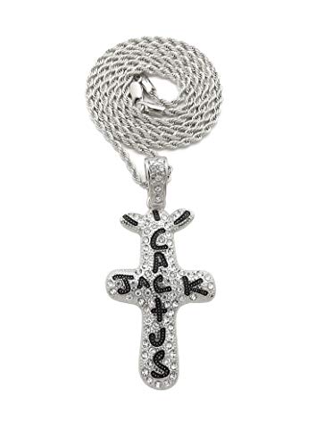 BLINGFACTORY Hip Hop Iced White Gold PT Cactus Jack Cross Pendant & 3mm 24  Rope Chain Necklace
