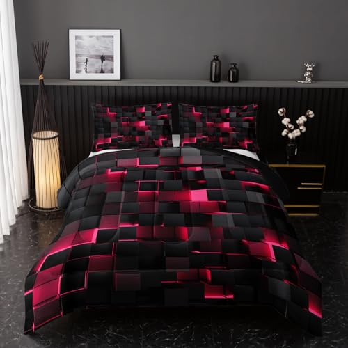 Image of Nttopship Neon Pink Black Comforter Set King Geometric Kids Bedding Set,3 PCS Geometry Honeycomb Bed Set Modern Quilt Set 1 Comforter 2 Pillow Cases Cool Room Decor All Season B-Side Black