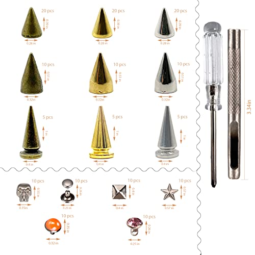 Spikes For Clothing, Studs For Clothing, 165 Sets Of Spike Studs, Punk Style Croc Spikes, 3 Colors, 7 Shapes, Pentagram, Pyramid, Skull, Etc. With A Full Set Of Setting Tools #TOP2