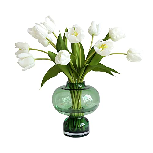 YalzoneMet 8 tulipanes blancos artificiales de tacto real, hojas de tallo largo de 50 cm, flores blancas, tulipanes artificiales de seda sintética para decoración del hogar, ramo de boda, centro de