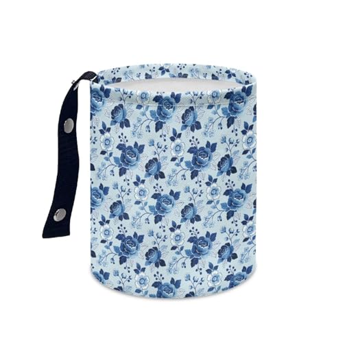 Image of Blue Roses Car Rubbish Bin Portable Waste Basket Can Foldable Auto Waste Storasge Bag Holder with Adjustable Strap for Camping, Travelling, Picnic
