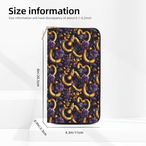 Leather Thin Slim Wallets for Women & Men - Golden Snake Purple Rose Print Card Wallet Holder with Zipper2