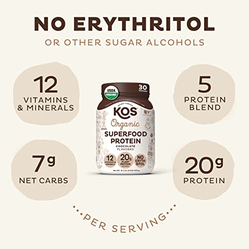 Kos Vegan Protein Powder Erythritol Free, Chocolate - Organic Pea Protein Blend, Plant Based Superfood Rich In Vitamins & Minerals - Keto, Dairy Free - Meal Replacement For Women & Men, 30 Servings #TOP1