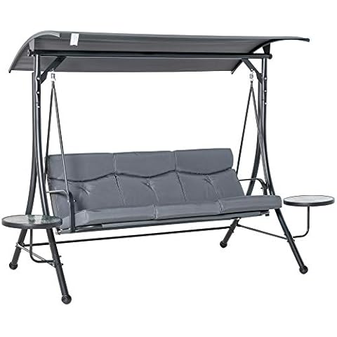 Outsunny Hollywoodschaukel 3-Sitzer Gartenschaukel Schaukelbank mit verstellbarem Sonnendach Teetisch Stahl Polyester Grau+Schwarz 271 x 125 x 177 cm Cover