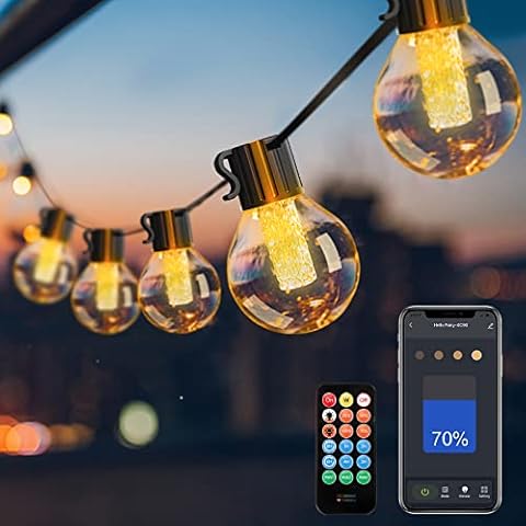 Outdoor String Lights with Dimmer Timer, 15M App Remote Control Garden Festoon Lights Mains Powered Waterproof Plastic G40 Globe 25 Led Bulbs, Avatar Controls Smart Christmas Outside Backyard Lights Cover