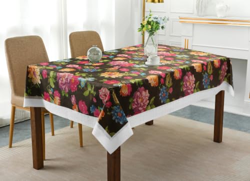 Image of Dakshya Industries 6 Seater PVC Waterproof Dining Table Cover 60x90 Inch | Floral Printed Washable Table Cloth with Lace Border