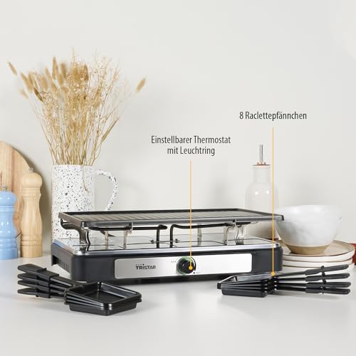 Tristar Raclette – 8 Personen – Kochfläche 42 x 23 cm – Einstellbarer Thermostat mit Lichtring – 1400 W – Schwarz – RA-2746 – Bild 5