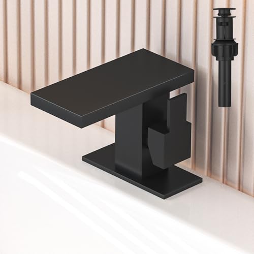 Hoimpro Matte Black Bathroom Faucet for 1 Hole Waterfall Faucet with Pop-up Drain, Bathroom Sink Faucet, Single Handle Single One Hole Vanity Faucet cUPC Water Supply Line, 6 Inch Deck Plate