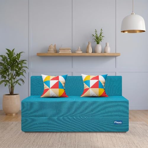 Image of Starlon 3 Seater Sofa Cum Bed Foldable 3-in-1 Sofa Bed with 1 Year Warranty, Washable Jute Fabric Cover & 2 Geometrical Pillows | Aqua Teal 5x6 Ft