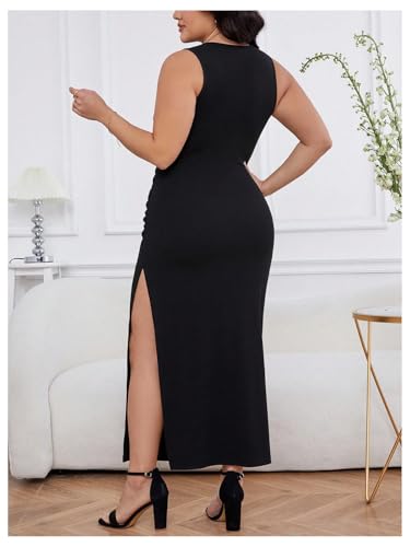 Verdusa Women's Plus Size Thigh Slit Ruched Tank Dress Sleeveless Bodycon Long Dresses2