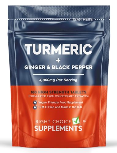 Turmeric Tablets 2400mg with Black Pepper & Ginger | 180 High Strength Curcumin Supplements | Turmeric and Black Pepper Tablets (Not Turmeric Capsules or Powder) | Vegan and Gluten Free | UK Made