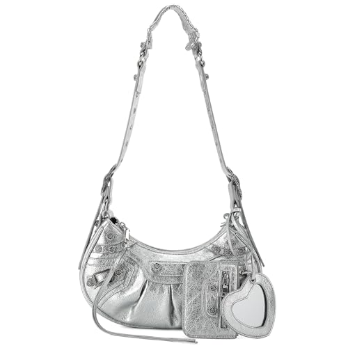 Women Shoulder Bag CrossBody Purse - Punk Style Rhinestons Fashion Rivet Hobo Y2K Bag Satchel Handbags (Silver)