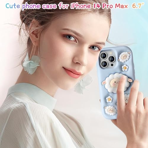 Image of COVERLY for iPhone 15 Pro Max 3D Cartoon Sheep Flock Case,Full Protective Funda Trendy Cloud Animal Back Case with Holder Cute Soft Silicone Fashion Aesthetic Cover for Apple iPhone 15 Pro Max