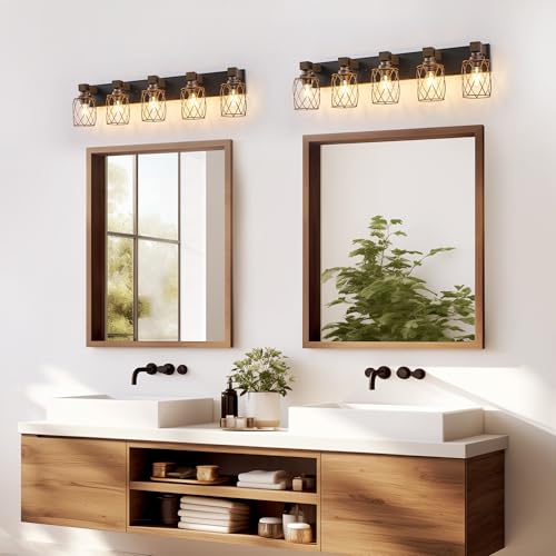 Image of 5-Light Black Gold Farmhouse Vanity Light, Wood & Metal Cage Shade | Mounted Over Mirror, Industrial Rustic Style, Ideal for Bathroom, Bedroom, Hallway & Living Room, Easy To Install