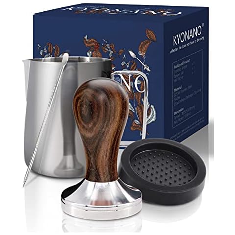 KYONANO Tamper 58 mm, Coffee Tamper Made Stainless Steel and Chacate Pretowood Handle, Espresso Tamper Including Tamper Mat, Milk Jug [350 ml], Barista Pen, E-Books - Barista Set for Coffee Enjoyment Cover