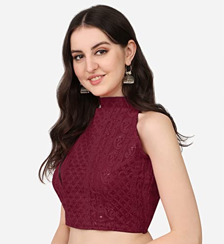 Image of Pujia Mills Women's Halter Neck Chickenkari Work Readymade Saree Blouse