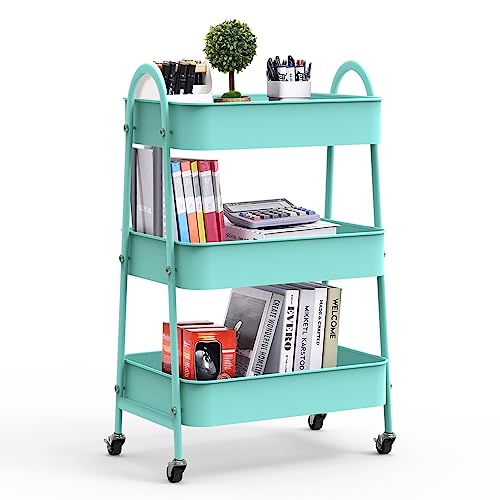 EXSELTMAN Carrito Auxiliar con Ruedas para Almacenaje Multiusos,Carro rodante con Malla metálica de 3 Niveles Carrito Multiusos de 3 Niveles Carrito De Almacenamiento con Ruedas (Azul Claro)