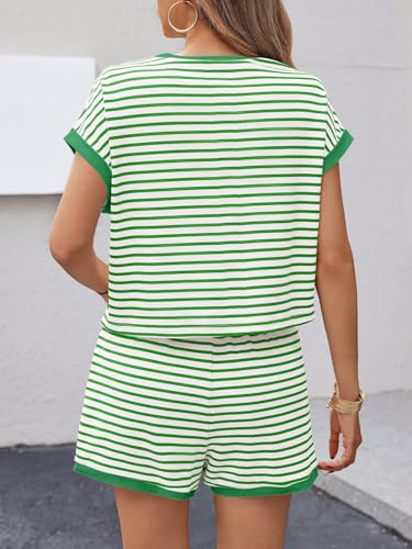 Image of Tankaneo Womens Summer 2 Piece Sets Striped Short Sleeve T Shirts and Shorts Loungewear Matching Set
