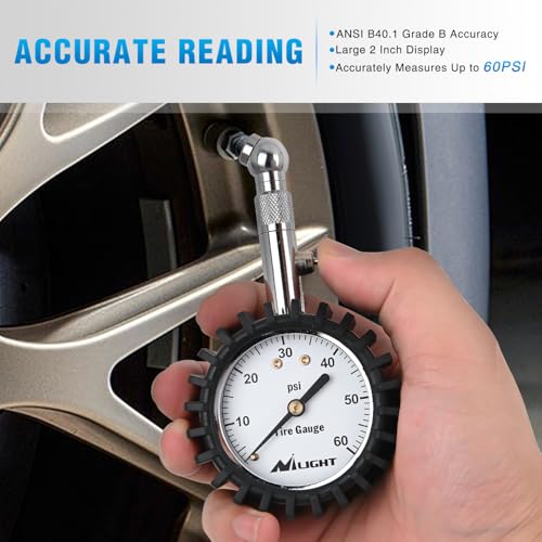 Image of Nilight Tire Pressure Gauge 60PSI Heavy Duty Stainless Steel Air Chucks ANSI B40.1 Certified Large 2 inch Dial Wheel Service Checker for Truck Semi Truck ATV Motorhome Cars & RV Accessories