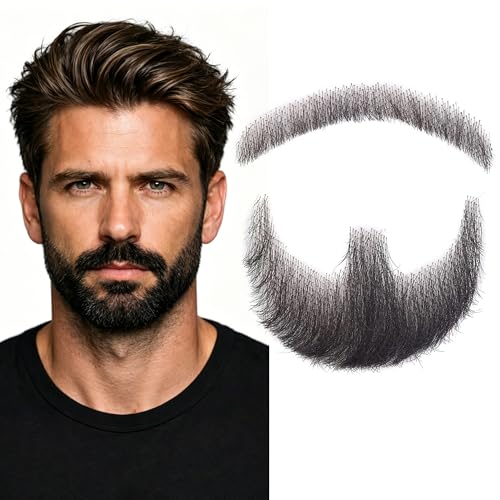 Gizane Fake Beard 100% Human Hair Full Hand Tied Realistic Fake Mustache Lace Invisible Fake Mustache Halloween Dressing Men Makeup Entertainment/Drama/Party/Cosplay (Black)