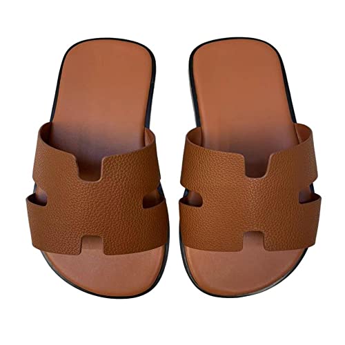 Image of Mengchengying Mens Casual Comfortable Lightweight Fashion Genuine Leather Slip Slide Indoor and Outdoor Open Sandal Anti Slip Cushion Support