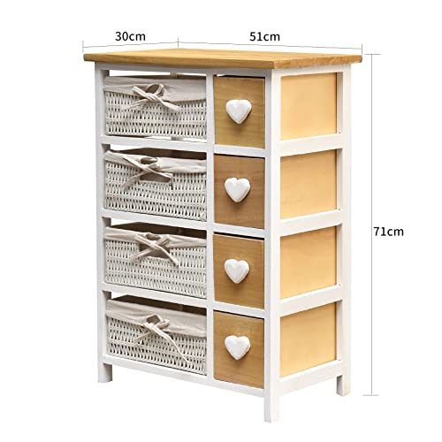 Rebecca Mobili Mehrzweckschrank aus Hoz Weidenkörbe, Badkommode Vintage, mit 8 Schubladen, Weiß, Griff Herzform – Maße: 71 x 51 x P 30 cm (HxLxB) - Art. RE4356