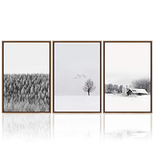 SIGNWIN Framed Wall Art Print Set Black & White Forest, Snow Cottage & Birds Nature Wilderness Photography Modern Chic Scenic Relax/Calm Multicolor for Living Room, Bedroom, Office - 16