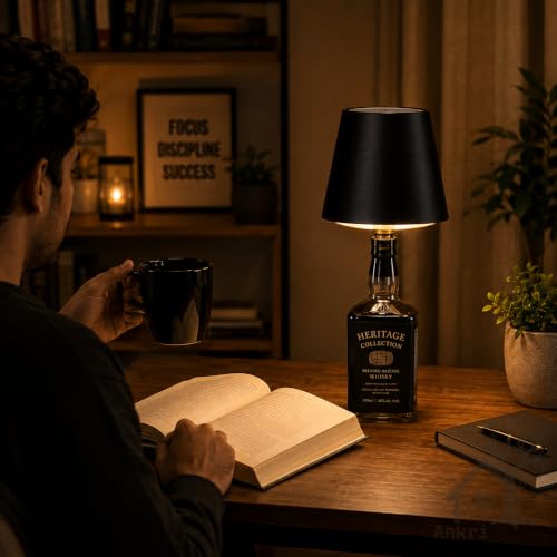 Image of ANKRI Black Bottle Lamp & Ceramic Coffee Mug Combo | Rechargeable LED Table Lamp | USB Type-C Light | Gift for Women | Birthday Present | Diwali Hamper | Festival Gifting Set(Black Mug with Lamp)