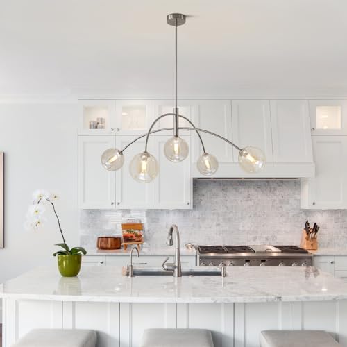 Image of Mid Century Modern Sputnik Chandelier with Glass Globe Cognac Shade Adjustable 5 Light Silver Chandelier for Dining Room Kitchen Bedroom