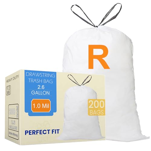 Image of Code R (200 Count) 2.6 Gallon Heavy Duty Drawstring Trash Bags Compatible with simplehuman Code R Garbage Can Liners 2.6 Gallon /10 Liter | White