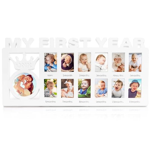 Eorbow Newborn Baby Picture Frame 15 x 7.3 My First Year Frame Plastic 12 Month Babies Photo Frame Monthly Milestone Keepsake for New Mom Gift Baby Shower 13 Photo Inserts