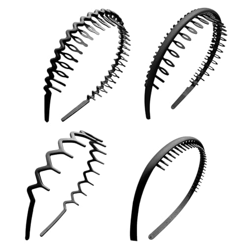 4 Stück Haarband, Welle Haarreifen, Rutschfestes Stirnband mit Anti-rutsch Zähne, Sportmode Haarband Zubehör für Outdoor Sports Yoga(COLOR:schwarz)