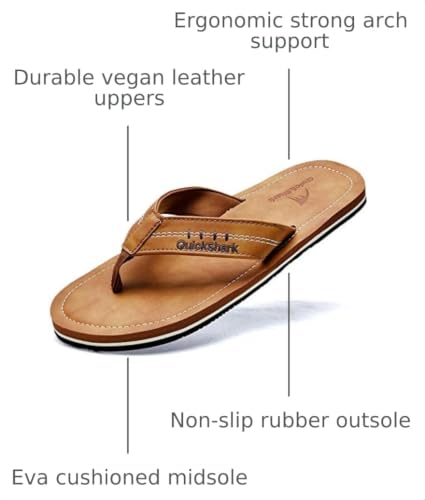 Image of Quickshark Mens Flip Flops Leather Thong Sandals Arch Support Beach Slippers