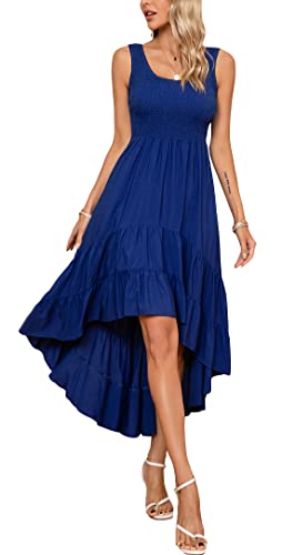 Image of Kormei Women's Casual Smocked Tank Dress Sleeveless High Low Flowy Summer Beach Tiered Loose Maxi Long Dresses XL Blue