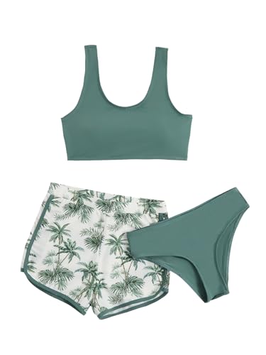 COZYEASE Girl's 3 Piece High Waisted Swimsuit Beach Bathing Suit with Tropical Cover Up Shorts