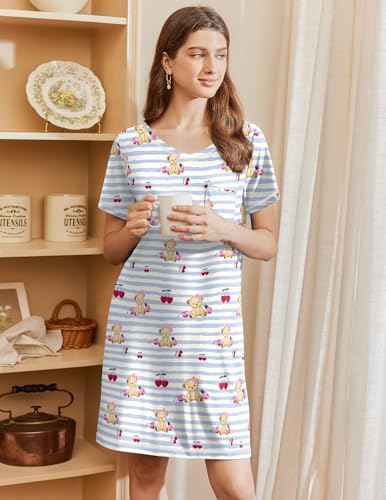 Image of Ekouaer Nightgowns for Women Short Sleeve Sleep Shirts V Neck Nightshirts Soft Sleepshirt Caual T Shirt Sleepdress