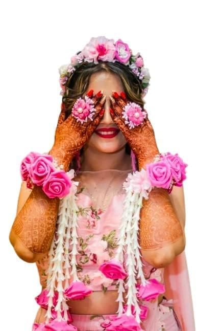 CIYA PLUS Handmade Pink and white Rose Flower kalira Bracelet set with Beautiful Tiara, Earrings, finger Rings(adjustable). Jewelry Set For Women And Girls. (Pack Of 5 Pices) (B0D236W1CR) Amazon Price History, Amazon Price Tracker