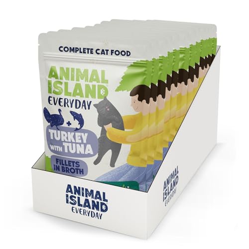 Animal Island Comida húmeda para gatos adultos pavo con atún en sopa juego sin cereales de aves de corral rico en taurina ácidos omega 3 filetes en caldo de carne paquete completo multipack sobres, 12