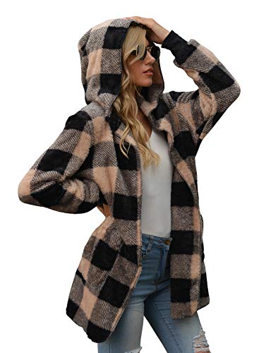 ReachMe Womens Fuzzy Fleece Open Front Hooded Cardigans Tye Die Sherpa Jacket Coats Outwear with Pockets(2-Khaki Black,2XL)