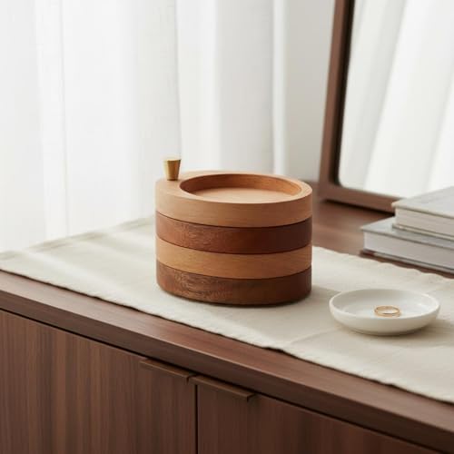 Boîte à bijoux rotative bois ovale rangement bagues et boucles d'oreilles