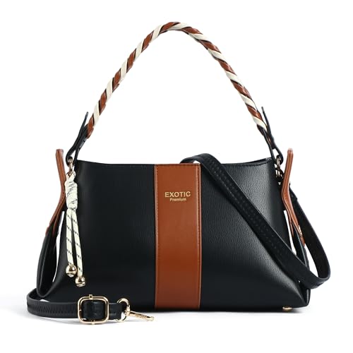Image of EXOTIC Noire Twist Structured Handbag with Braided Handle & Multi-Compartment Design