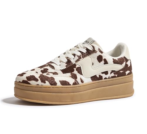 LUCKY STEP Women's Platform Fashion Sneakers Thick Sole Suede Genuine Leather Classic Rubber Gum Sole Low Top Casual Walking Shoes(Brown Cow Print,8 B(M) US)