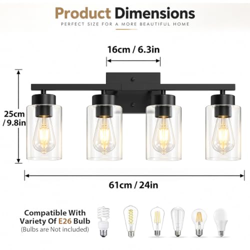 IZORRO Bathroom Light Fixtures, Modern Vanity Lights, Bathroom Lighting Fixtures Over Mirror with Clear Glass Shade, Wall Sconce for Living Room Cabinet Bedroom (Matte Black, 4-Light) - Image 2