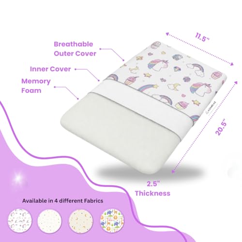 Image of Premium Memory Foam Toddler Thin Pillow with Washable Removable Cover | Head, Neck & Back Support | Ideal for Sleeping, Reading & Resting | Age 2 to 9 Year | 18.5x12.5x2.5in | Unicorn Print