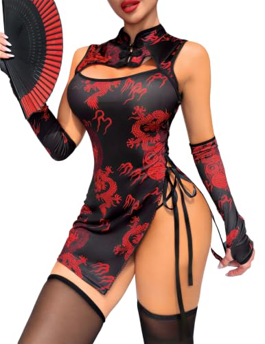 Image of Alrovetoney Sexy Lingerie Fantasy Costume Sexy Series Printed Cut-Out Slit Women's Costume Red S-XXL